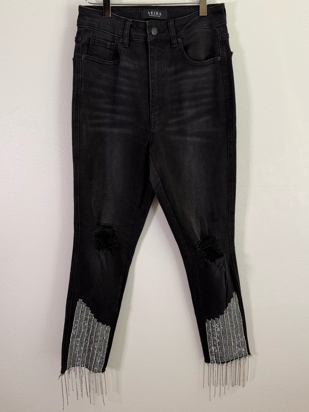 AKIRA Black Rhinestone Fringe Skinny Jeans High Rise Distressed W28